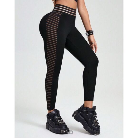 Slayoga High Waist Solid Color Mesh Contrast Yoga Leggings - Picture 3 of 13